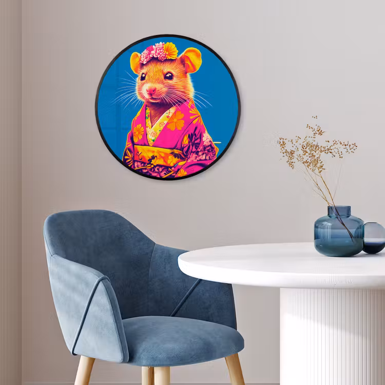 Muis - Kimono - Bloemen - Blauw Fotolijst rond zonder passe partout klein -sfeer2