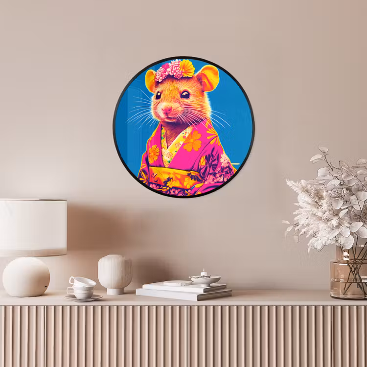 Muis - Kimono - Bloemen - Blauw Fotolijst rond zonder passe partout klein -sfeer3