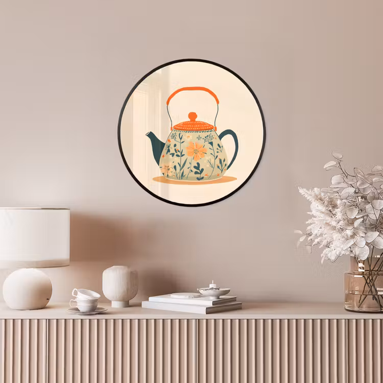 Oranje - Theepot - Bloemen - Bladeren Fotolijst rond zonder passe partout klein -sfeer3