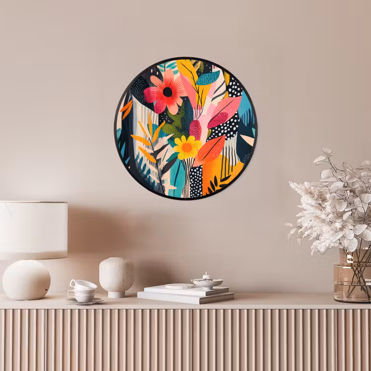 Schilderij - Abstract - Bloemen - Roze Fotolijst rond zonder passe partout klein -sfeer3
