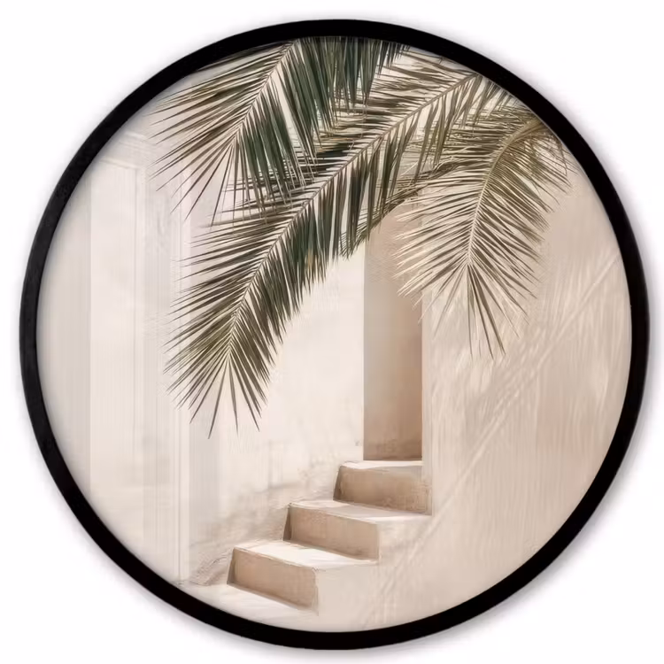 Palmboom - Schaduw - Trap - Beige Fotolijst rond zonder passe partout klein -3d