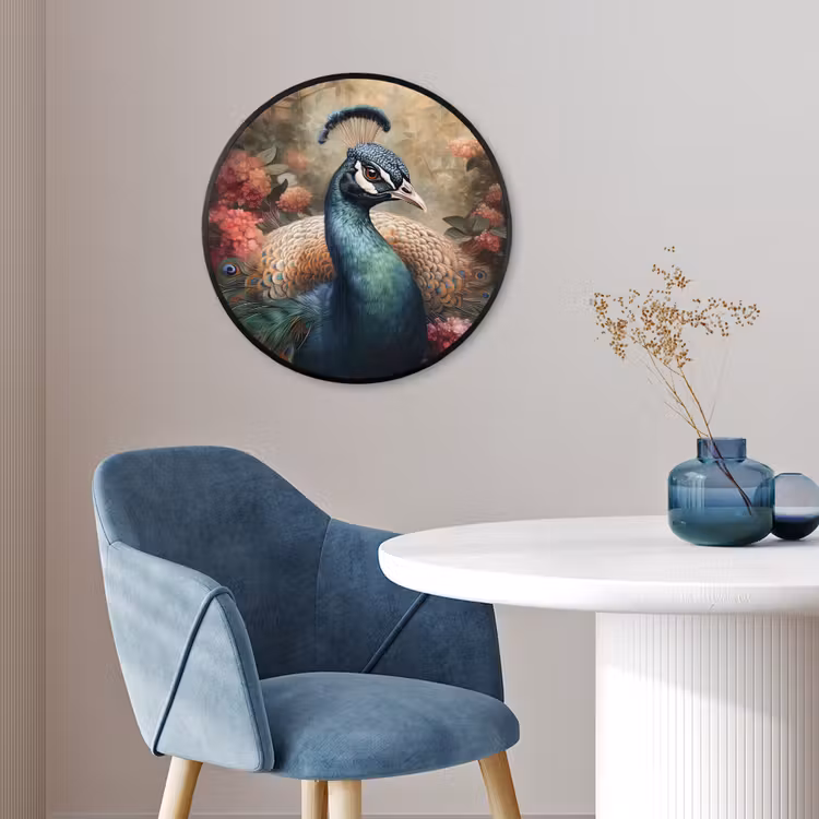 Pauw - Vogel - Bloemen - Planten - Pauwenveren Fotolijst rond zonder passe partout klein -sfeer2