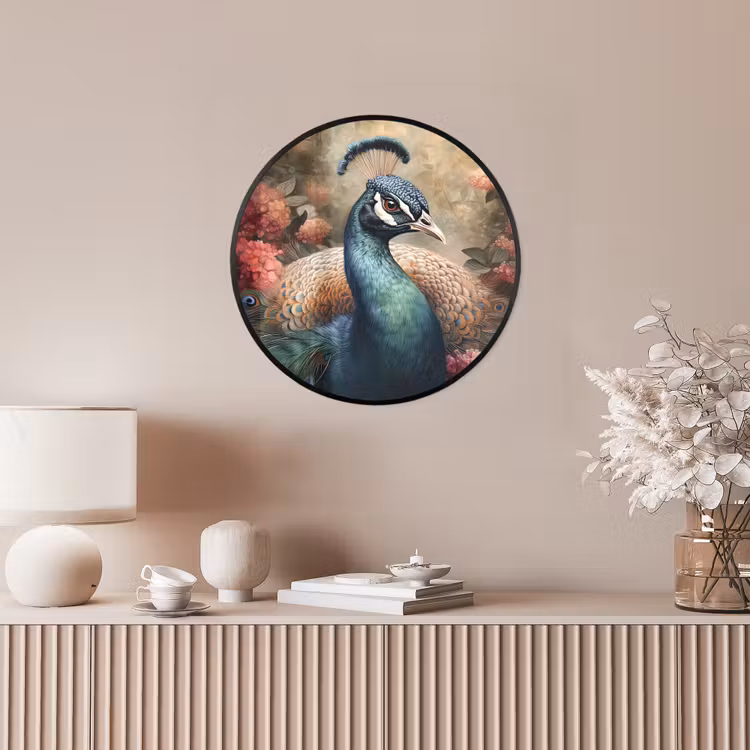 Pauw - Vogel - Bloemen - Planten - Pauwenveren Fotolijst rond zonder passe partout klein -sfeer3