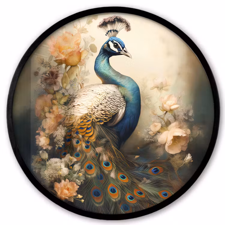 Pauw - Pauwenveren - Bloemen - Vogels - Botanisch Fotolijst rond zonder passe partout klein -3d