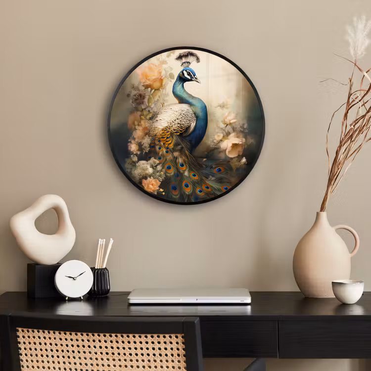 Pauw - Pauwenveren - Bloemen - Vogels - Botanisch Fotolijst rond zonder passe partout klein -sfeer1