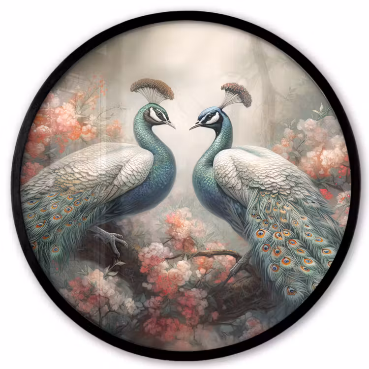 Pauwen - Pauwenveren - Vogels - Bloemen - Natuur Fotolijst rond zonder passe partout klein -3d