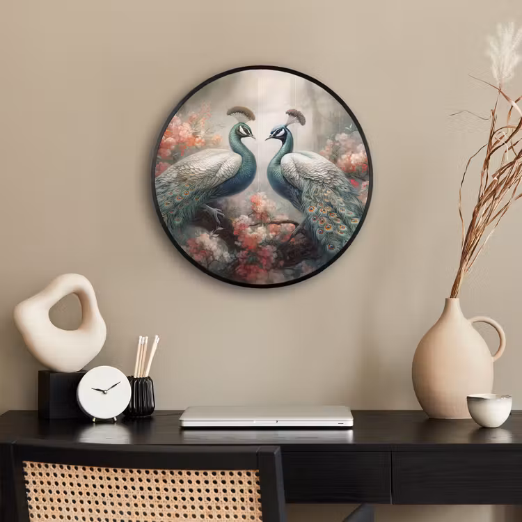 Pauwen - Pauwenveren - Vogels - Bloemen - Natuur Fotolijst rond zonder passe partout klein -sfeer1