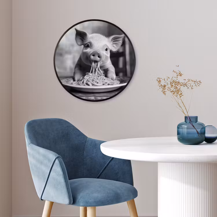 Varken - Schattig - Spaghetti - Zwart wit - Dier Fotolijst rond zonder passe partout klein -sfeer2