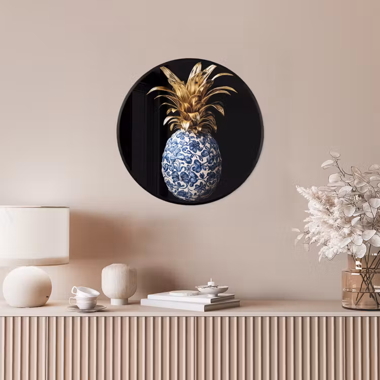 Ananas - Bloemen patroon - Goud - Delftsblauw Fotolijst rond zonder passe partout klein -sfeer3