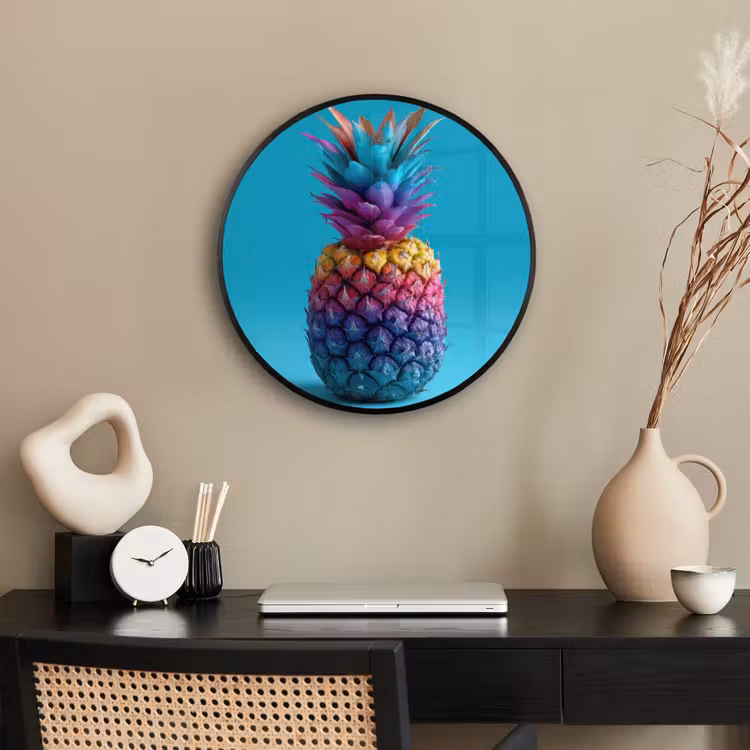 Ananas - Regenboog - Blauw - Popart Fotolijst rond zonder passe partout klein -sfeer1