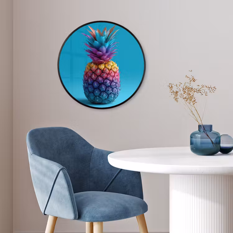 Ananas - Regenboog - Blauw - Popart Fotolijst rond zonder passe partout klein -sfeer2