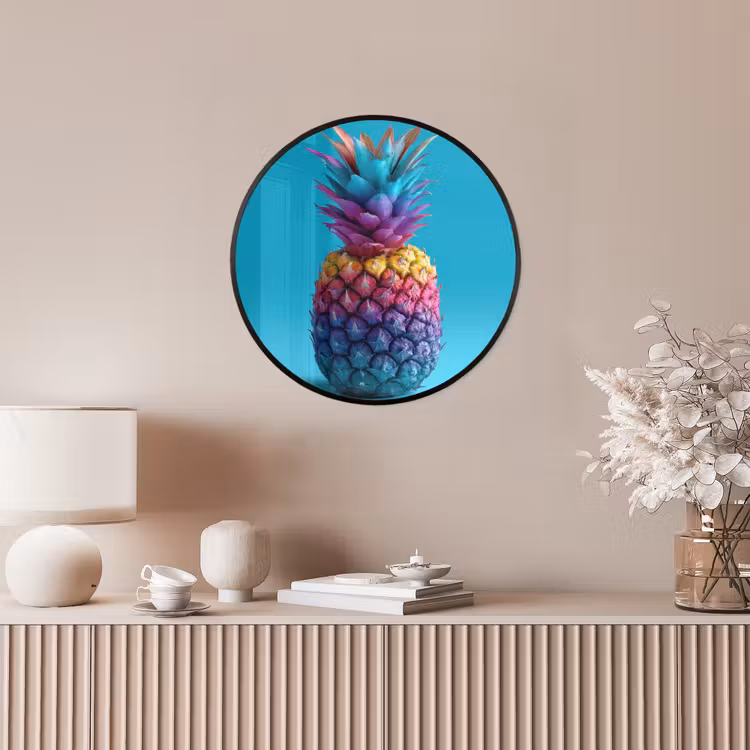 Ananas - Regenboog - Blauw - Popart Fotolijst rond zonder passe partout klein -sfeer3