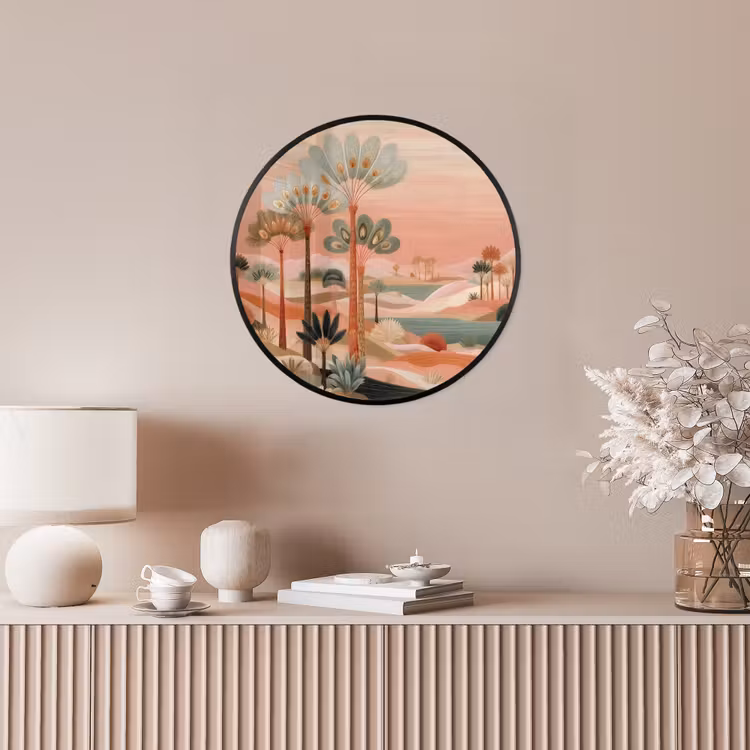 Roze landschap - Palmen - Water Fotolijst rond zonder passe partout klein -sfeer3