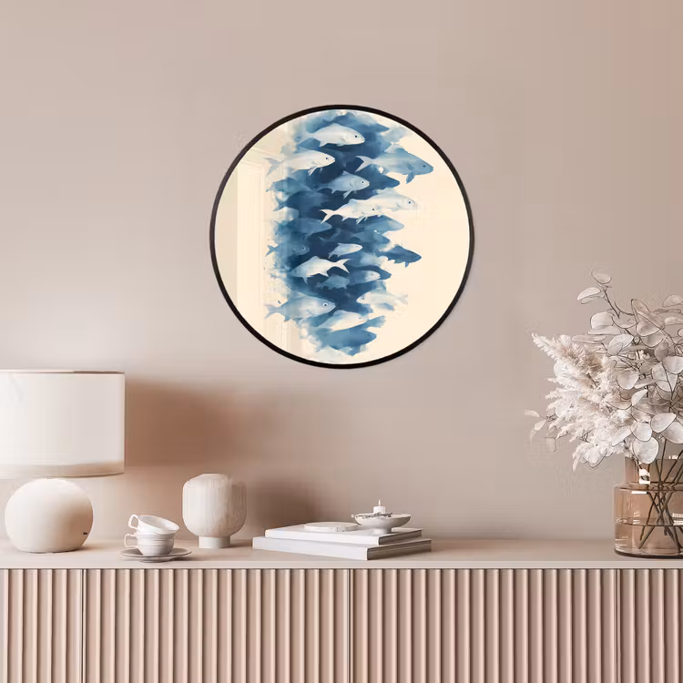 Vissen - Minimalistisch - Blauw Fotolijst rond zonder passe partout klein -sfeer3