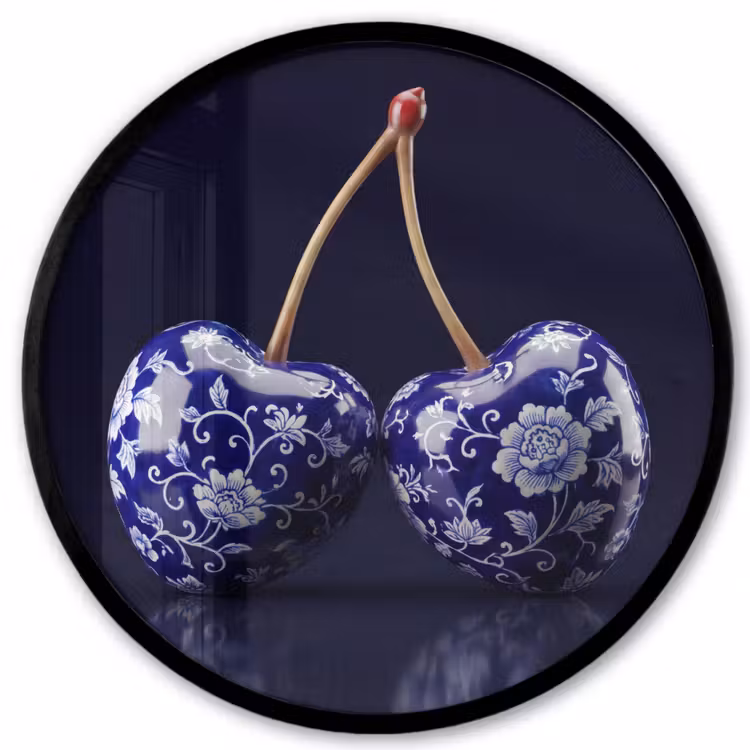Porselein- Kersen - Delfts - Blauw Fotolijst rond zonder passe partout klein -3d