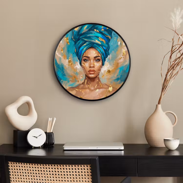 Portret - Vrouw - Schilderij - Blauw - Goud - Expressief Fotolijst rond zonder passe partout klein -sfeer1