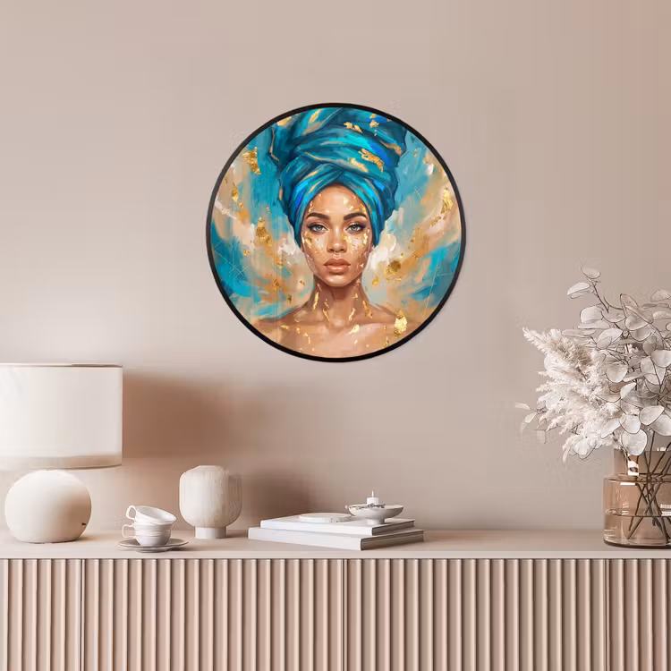 Portret - Vrouw - Schilderij - Blauw - Goud - Expressief Fotolijst rond zonder passe partout klein -sfeer3