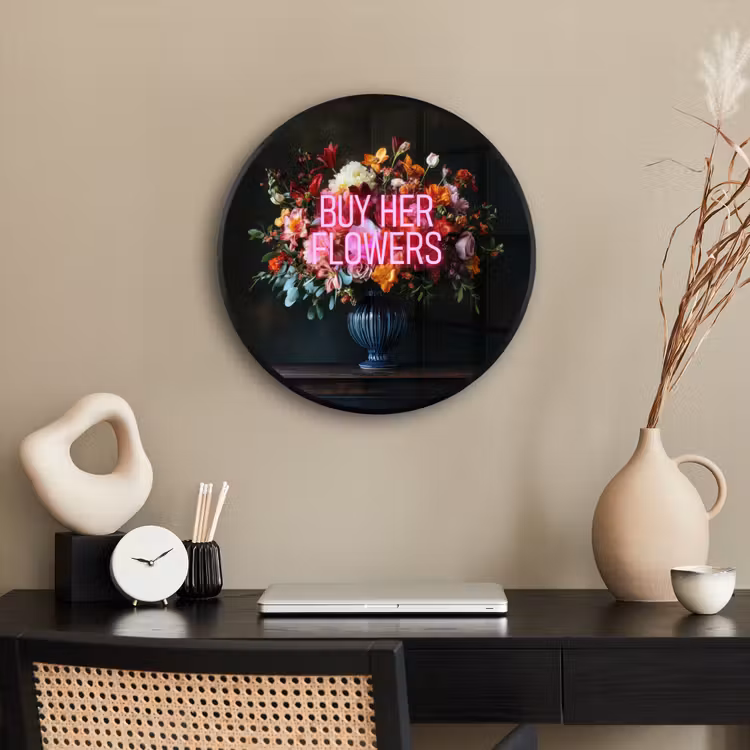 Quote - Bloemen - Vaas - Neon Fotolijst rond zonder passe partout klein -sfeer1