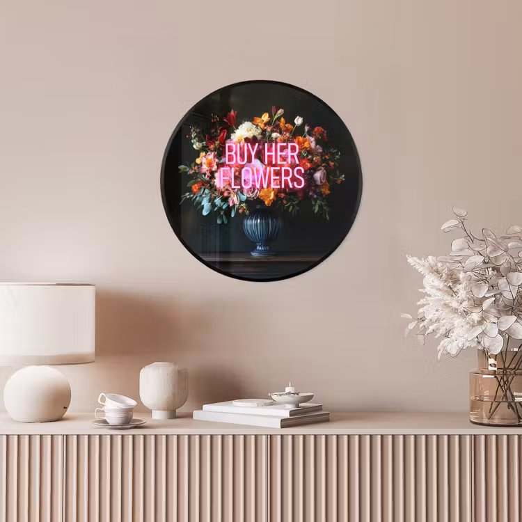 Quote - Bloemen - Vaas - Neon Fotolijst rond zonder passe partout klein -sfeer3