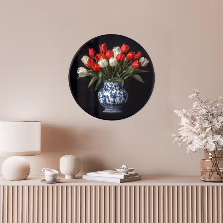 Rode - Bloemen - Tulpen - Vaas Fotolijst rond zonder passe partout klein -sfeer3