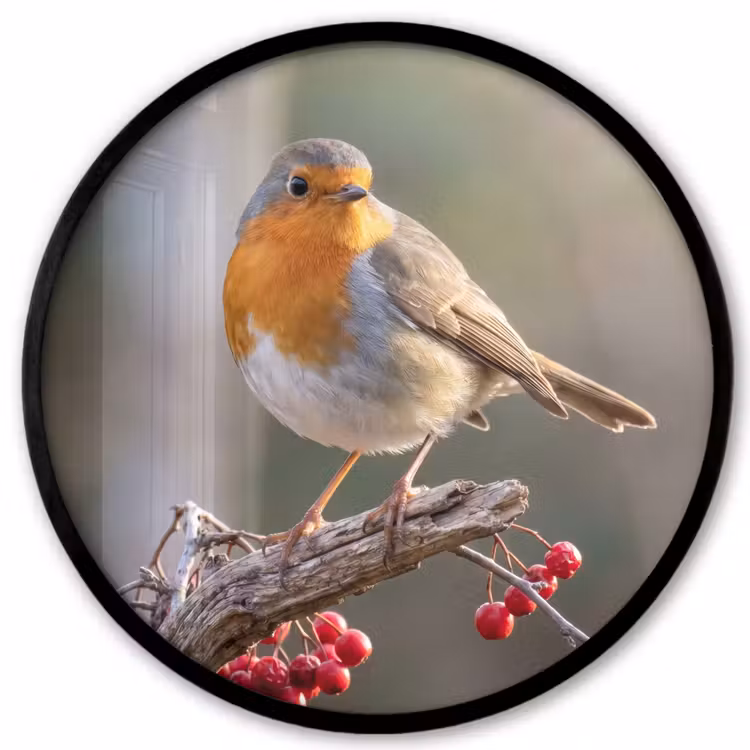 Roodborst - Tak - Bessen - Natuur Fotolijst rond zonder passe partout klein -3d
