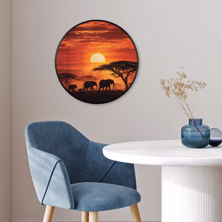 Savanne - Olifanten - Zonsondergang Fotolijst rond zonder passe partout klein -sfeer2