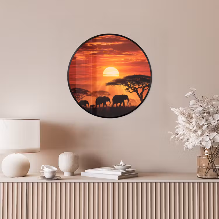 Savanne - Olifanten - Zonsondergang Fotolijst rond zonder passe partout klein -sfeer3