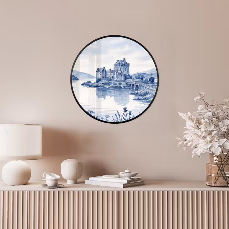 Schots - Kasteel - Blauw - Aquarel Fotolijst rond zonder passe partout klein -sfeer3