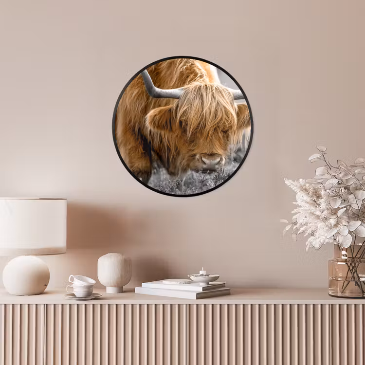 Schotse Hooglander - Dieren - Bruin - Koe - Zwart - Wit - Natuur Fotolijst rond zonder passe partout klein -sfeer3