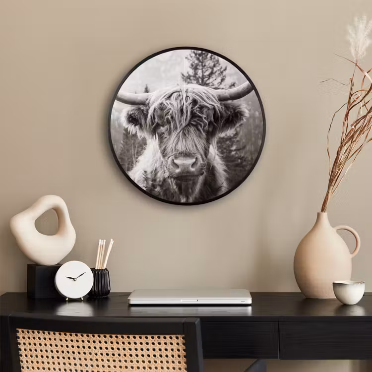 Schotse hooglander - Koe - Dieren - Zwart - Wit Fotolijst rond zonder passe partout klein -sfeer1