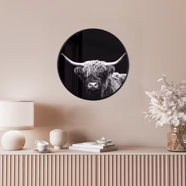 Schotse Hooglander - Koe - Zwart - Wit - Dieren Fotolijst rond zonder passe partout klein -sfeer3