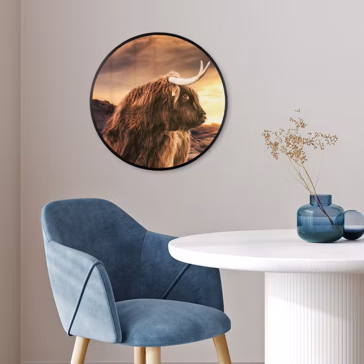 Schotse hooglander - Zon - Horizon - Koe - Dieren Fotolijst rond zonder passe partout klein -sfeer2