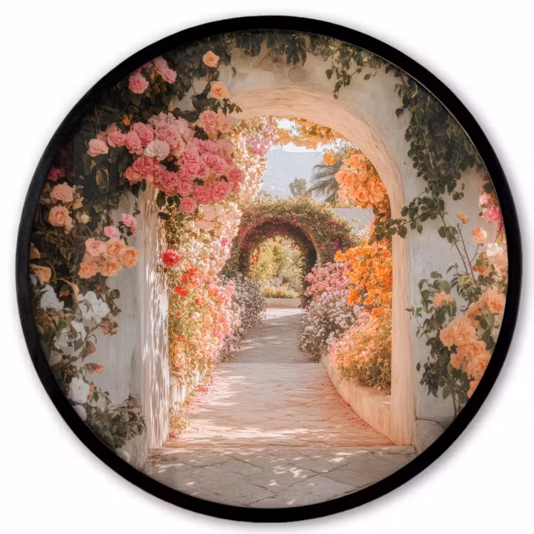 Doorkijk - Boog - Bloemen - Pastel Fotolijst rond zonder passe partout klein -3d