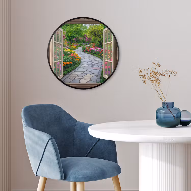 Doorkijk - Bloemen - Tuinpad - Natuur - Raam Fotolijst rond zonder passe partout klein -sfeer2