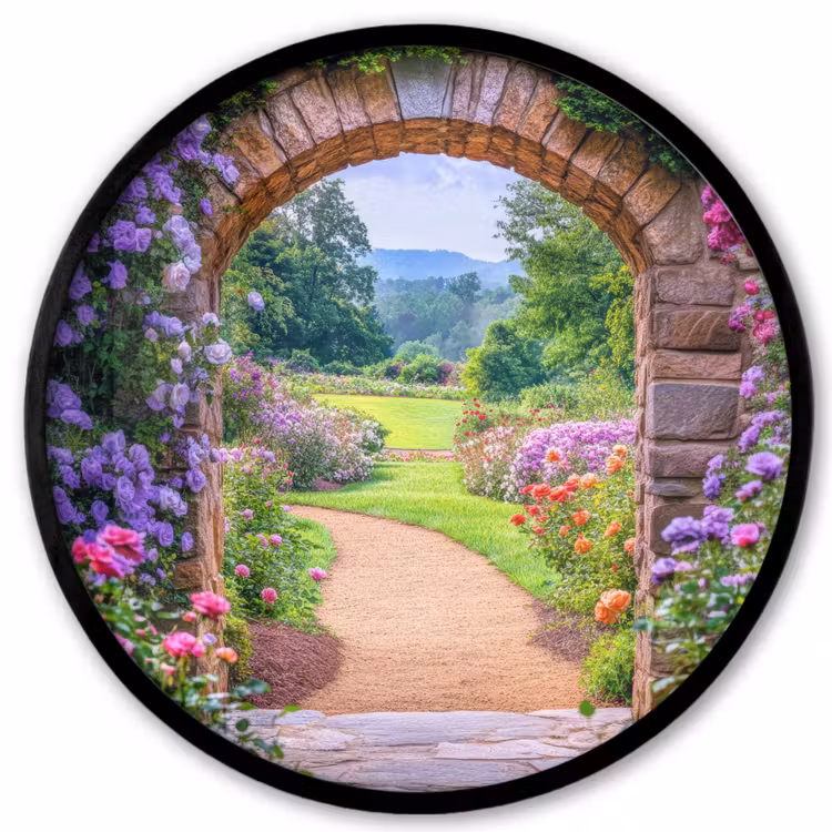 Doorkijk - Poort - Bloemen - Tuin Fotolijst rond zonder passe partout klein -3d