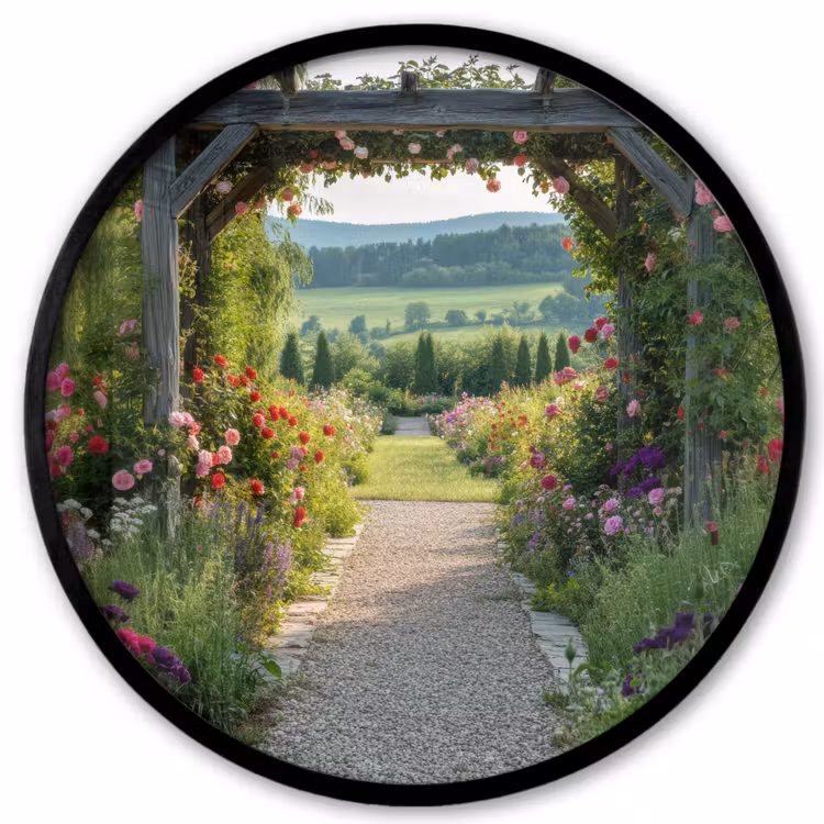 Doorkijk - Landschap - Natuur - Tuinboog - Bloemen Fotolijst rond zonder passe partout klein -3d