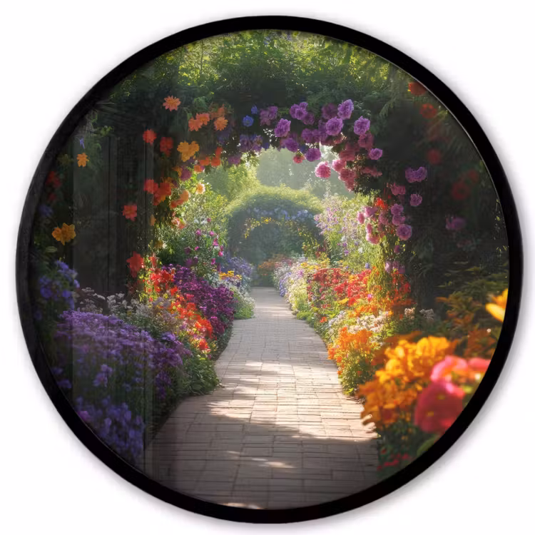 Doorkijk - Pad - Bloemen - Struik - Kleurrijk Fotolijst rond zonder passe partout klein -3d