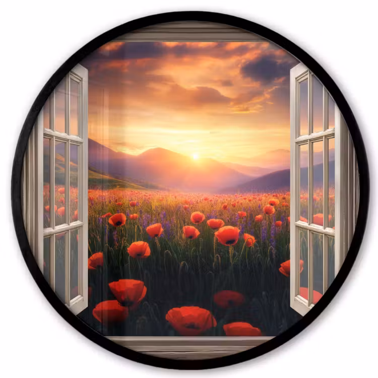 Doorkijk - Klaprozen - Bloemen - Rood - Open raam Fotolijst rond zonder passe partout klein -3d