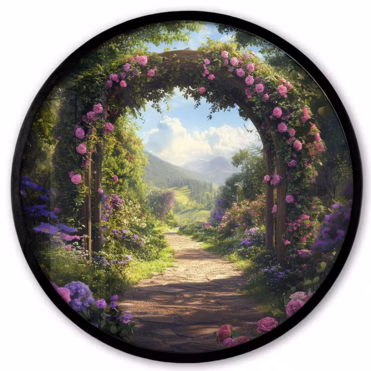 Doorkijk - Rozenboog - Uitzicht - Landschap - Bloemen Fotolijst rond zonder passe partout klein -3d