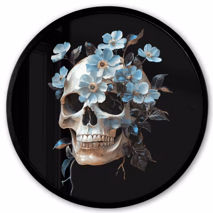 Schedel - Blauw - Bloemen - Bladeren Fotolijst rond zonder passe partout klein -3d