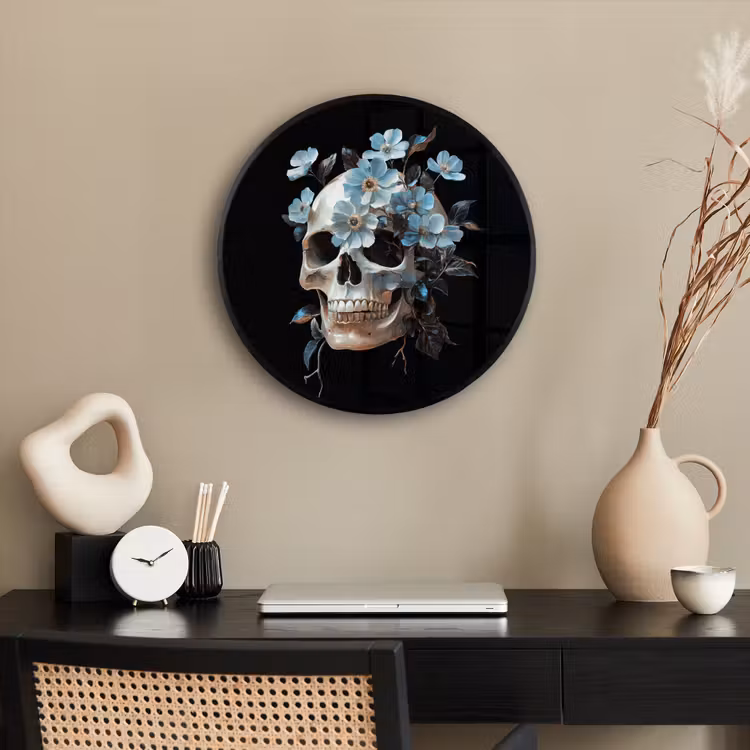 Schedel - Blauw - Bloemen - Bladeren Fotolijst rond zonder passe partout klein -sfeer1