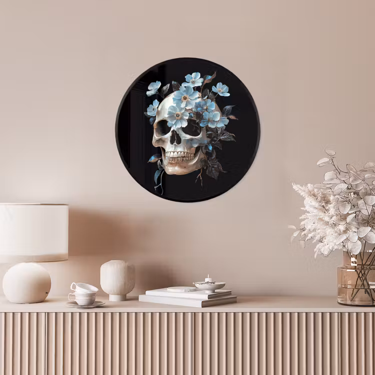 Schedel - Blauw - Bloemen - Bladeren Fotolijst rond zonder passe partout klein -sfeer3