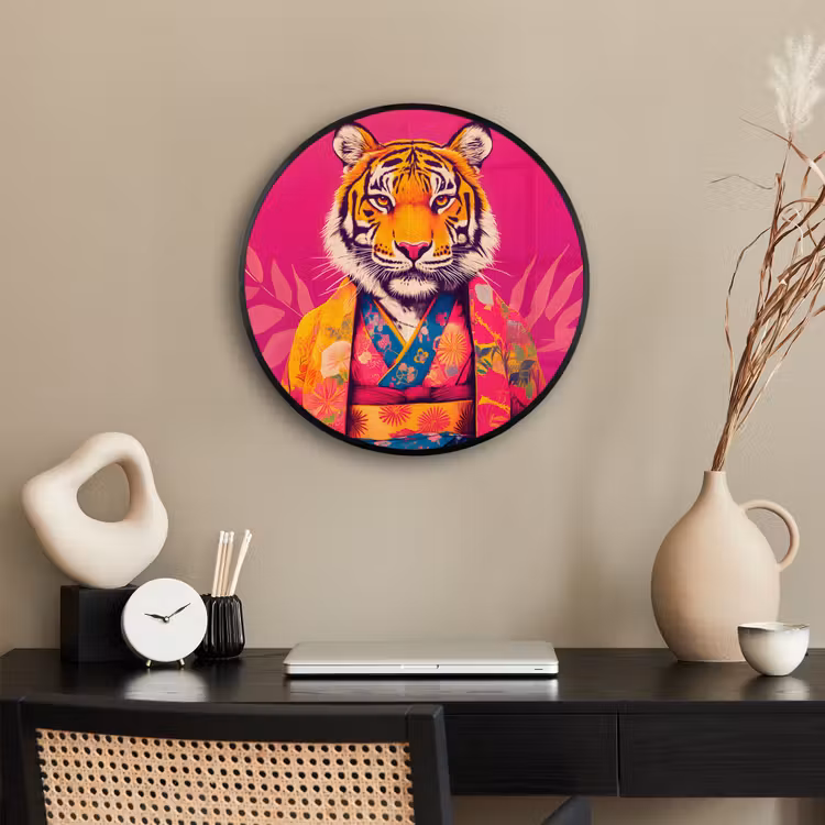 Tijger - Kimono - Planten - Roze Fotolijst rond zonder passe partout klein -sfeer1