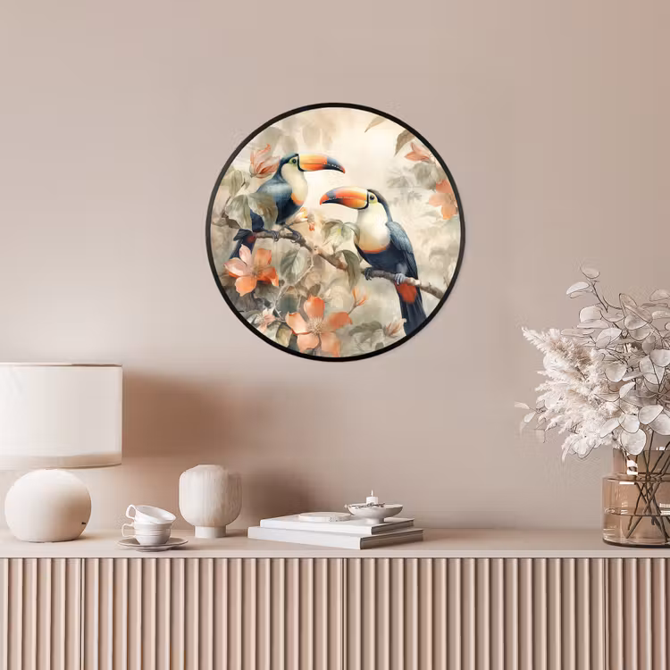 Toekan - Vogels - Bloemen - Tak Fotolijst rond zonder passe partout klein -sfeer3