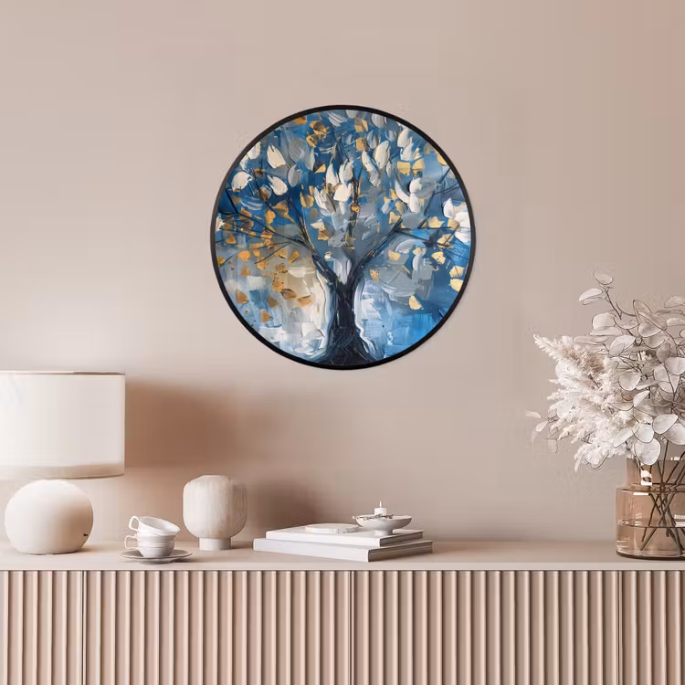 Boom - Blauw - Goud - Abstract Fotolijst rond zonder passe partout klein -sfeer3