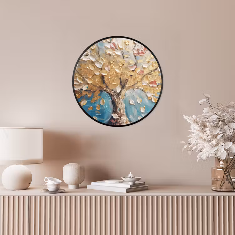 Boom - Blauw - Goud - Abstract - Modern Fotolijst rond zonder passe partout klein -sfeer3