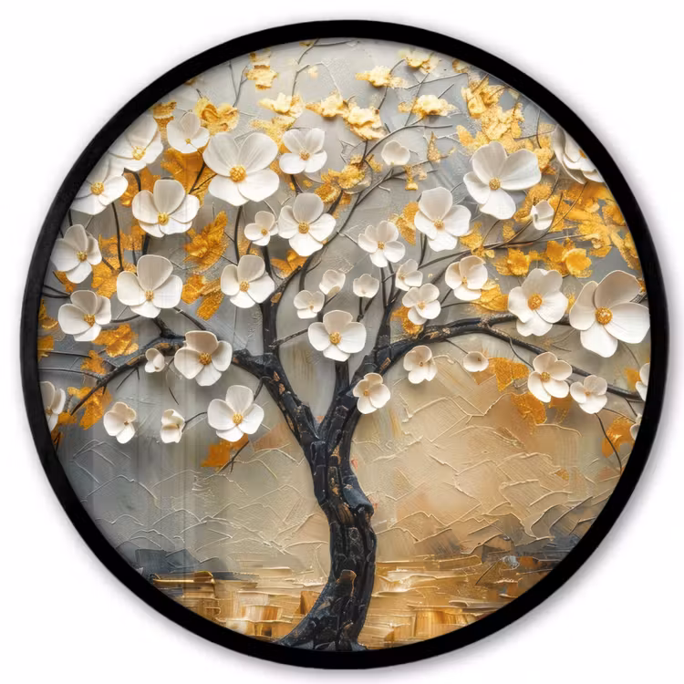 Boom - Bloemen - Goud - Beige Fotolijst rond zonder passe partout klein -3d