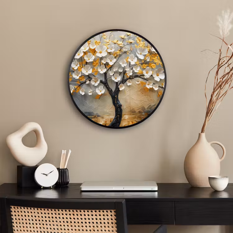 Boom - Bloemen - Goud - Beige Fotolijst rond zonder passe partout klein -sfeer1