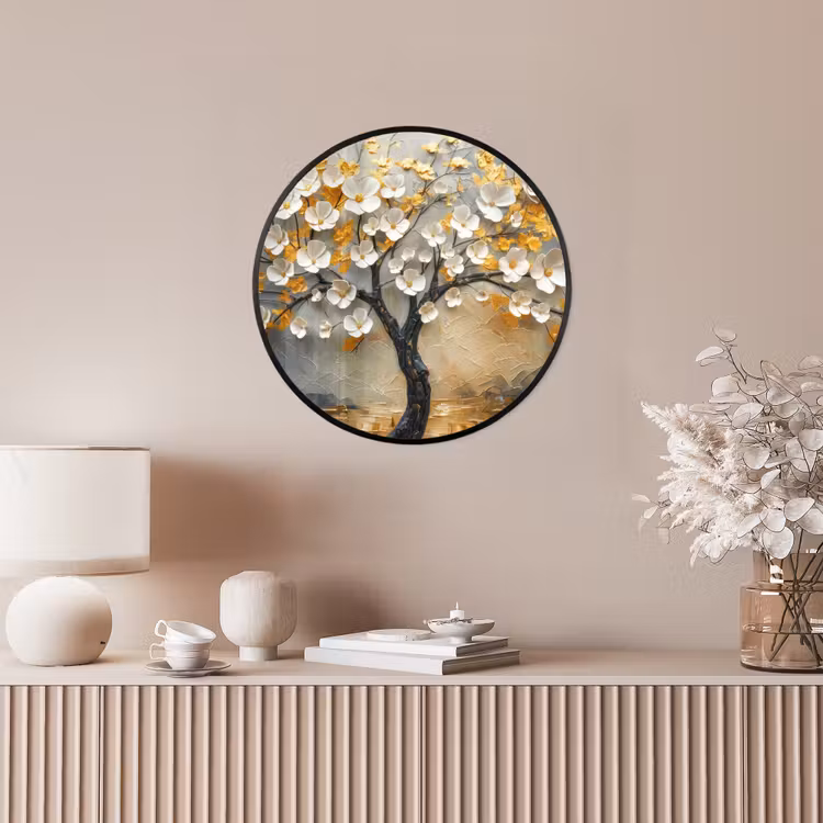 Boom - Bloemen - Goud - Beige Fotolijst rond zonder passe partout klein -sfeer3