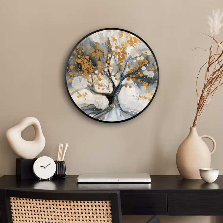Boom - Modern - Abstract - Goud - Zwart - Wit Fotolijst rond zonder passe partout klein -sfeer1